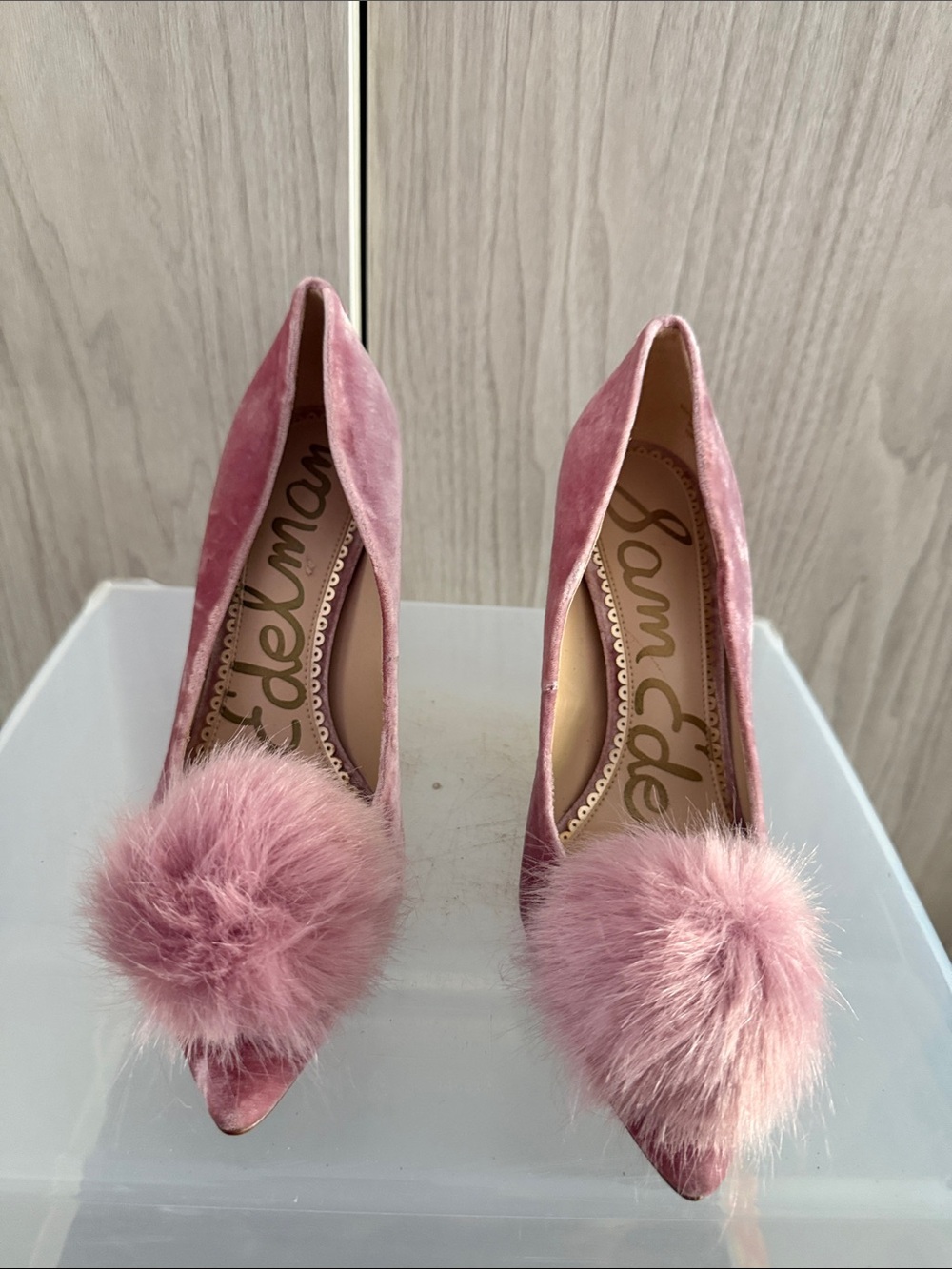 Sam Edelman Dusty Pink Velvet Pointed Pom-Pom Pumps
